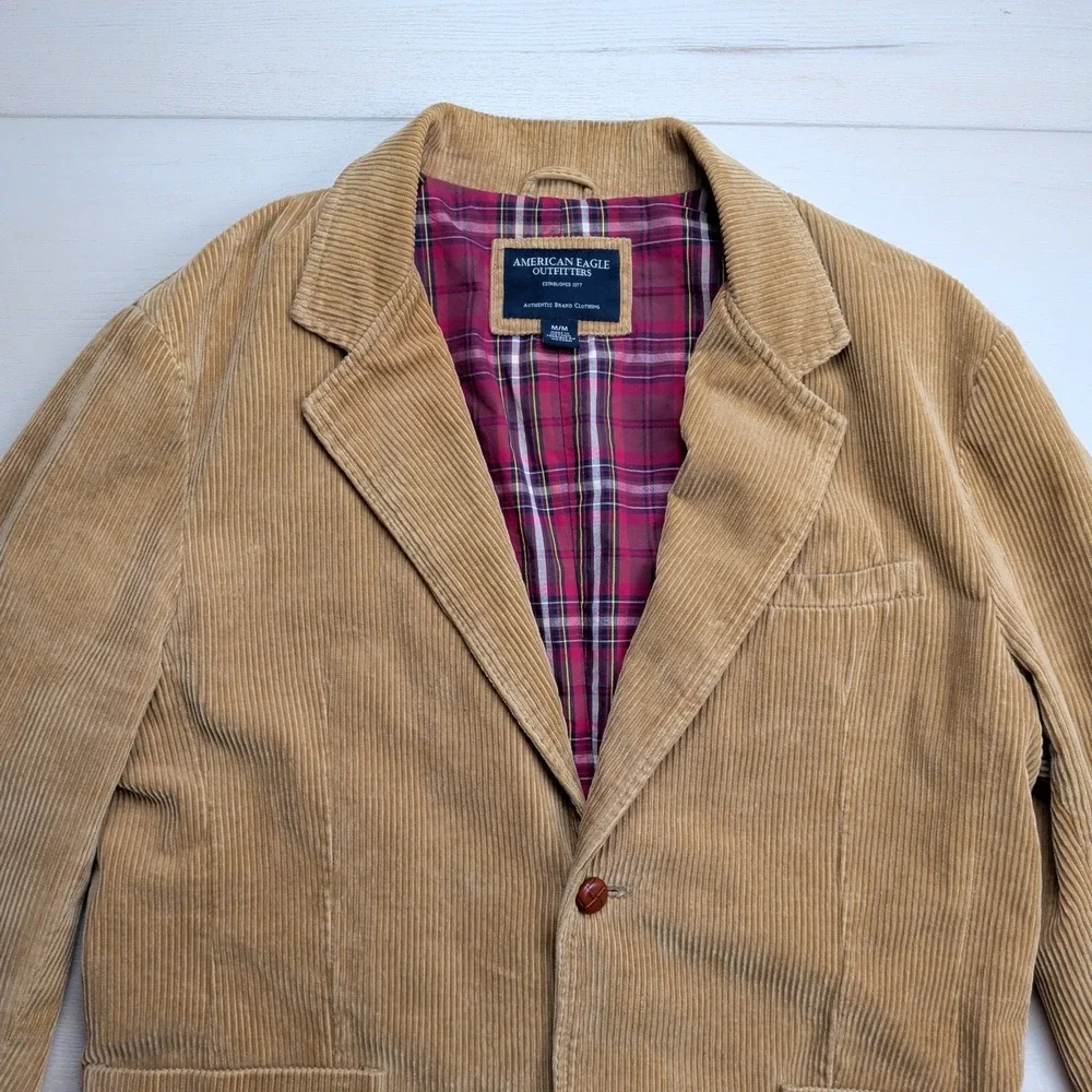 American Eagle Sport Coat‎ Blazer Mens M 44R Brown Corduroy Elbow Patches Plaid